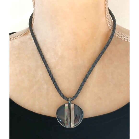 Monet Jewelry - Monet leather braided 14" necklace 1" silver tone 1" pendant mother of pearl